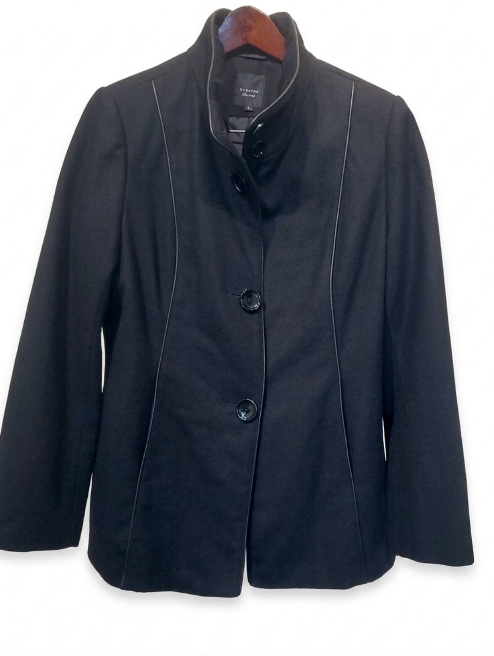 Braetan Black Wool Blend Funnel Neck Coat with Piping Accent Women's Large
